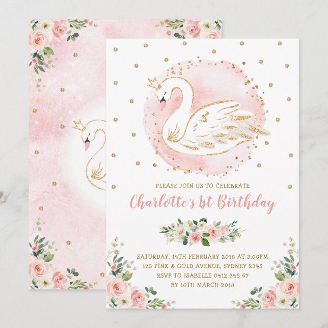Floral Swan Princess / Peach Blush Gold Birthday Invitation (Front/Back)