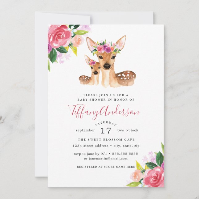 Floral Sweet Mum And Baby Deer Baby Shower Invitation (Front)