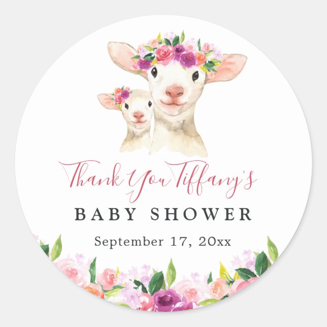 Floral Sweet Mum And Baby Lamb Baby Shower Classic Round Sticker (Front)