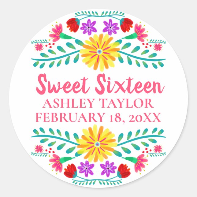 Floral Sweet Sixteen White Pink Mexican Fiesta Classic Round Sticker (Front)