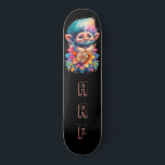 *~* Floral Sweet Troll AP89 Neon Rainbow Initials Skateboard<br><div class="desc">(Search code AP89 for Troll items and AP88 for mediaeval theme items ) Easily Transfer to other Zazzle Products. BLACK background Skateboard. The bright happy NEON Rainbow colours just pop the TROLL images and LETTERS. Customise / Personalise your INITIALS / MONOGRAM. Whimsical Cute funny Long Hair Troll . Bright RAINBOW...</div>