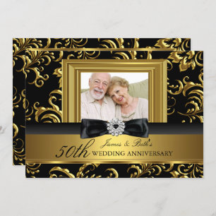 Floral Swirl Bow Photo 50th Wedding Anniversary Invitation
