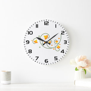 Floral Swirl Pattern with Orange and Yellow Flower Large Clock