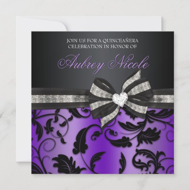 Floral Swirl Quinceañera Invite With Jewelled Bow (Front)