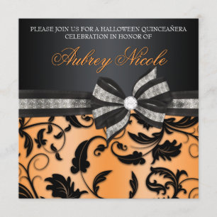 Floral Swirl Quinceañera Invite With Jewelled Bow