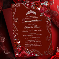 Floral Swirl Red Silver Butterfly Quinceanera
