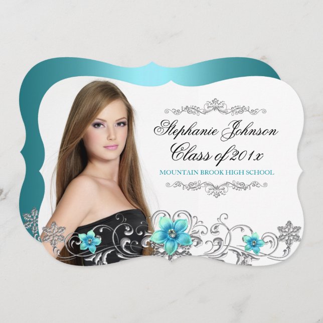Floral Swirl Teal Blue Graduation Card (Front/Back)