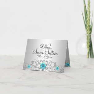 Floral Swirl Teal Silver Sweet 16 Thank You Card