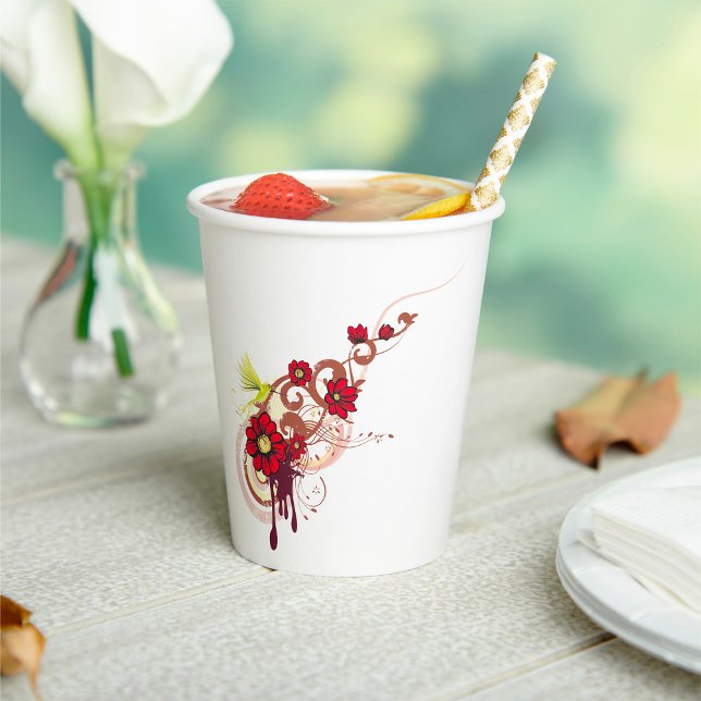Floral Swirl with Red Flowers and Hummingbird  Paper Cups (Creator Uploaded)