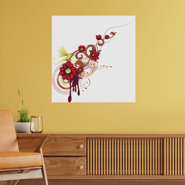 Floral Swirl with Red Flowers and Hummingbird  Poster (Creator Uploaded)