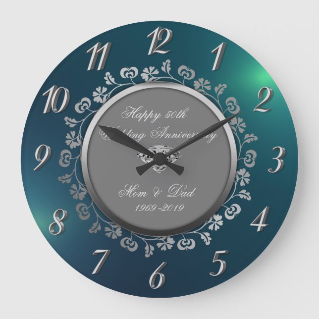 Floral Swirls,Green 50th Wedding Anniversary Large Clock (Front)