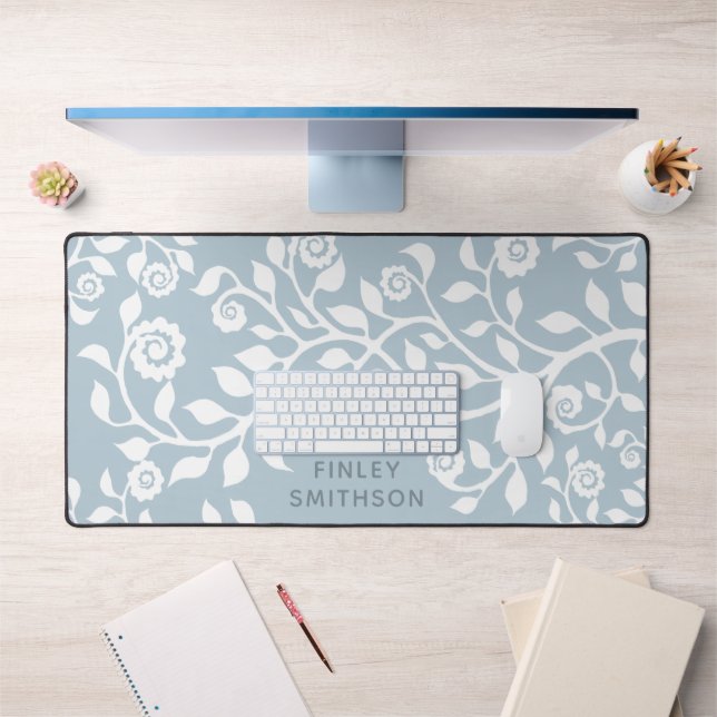   Floral Swirls Template Elegant Classy Dusty Blue Desk Mat (Office 1)