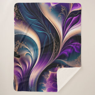 Floral Symphony - Deep Purple and Gold Abstract Sherpa Blanket