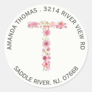 Floral T Initial Monogram Return Address Sticker