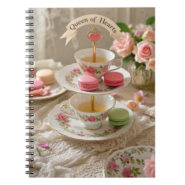 Floral table, teacups, tiered trays macarons queen notebook (Front)