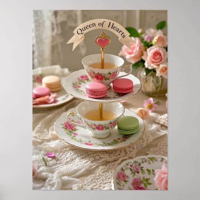 Floral table, teacups, tiered trays macarons queen poster (Front)
