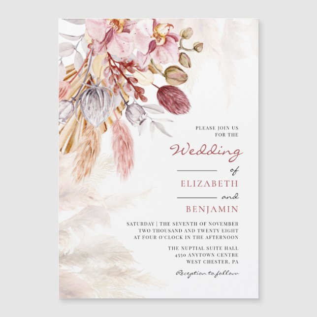 Floral Tan Pampas Grass Terracotta Wedding Magnetic Invitation (Front)