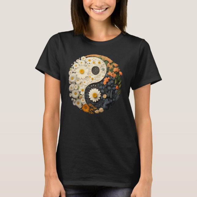 Floral Taoism Yin Yang Symbol on Flower Taijitu Yi T-Shirt (Front)