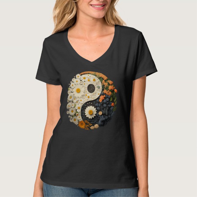 Floral Taoism Yin Yang Symbol on Flower Taijitu Yi T-Shirt (Front)