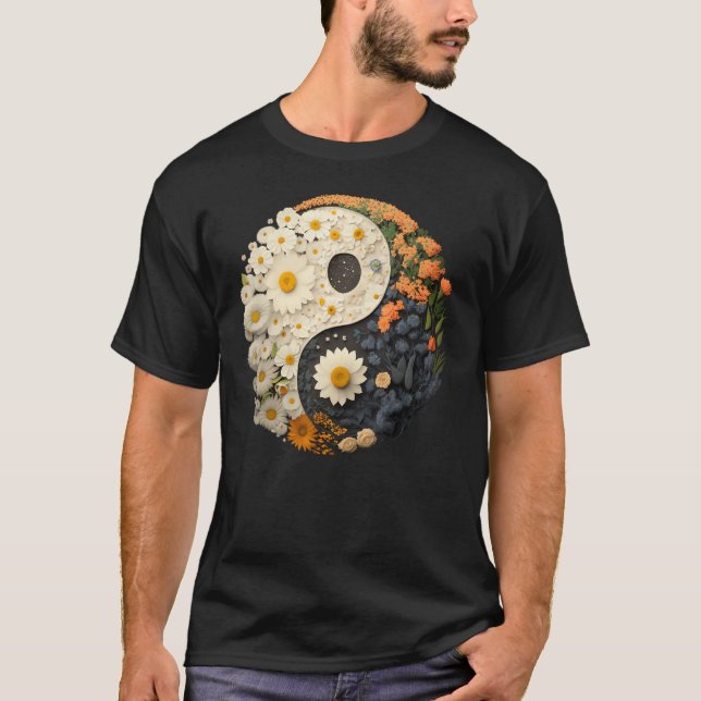 Floral Taoism Yin Yang Symbol on Flower Taijitu Yi T-Shirt (Front)