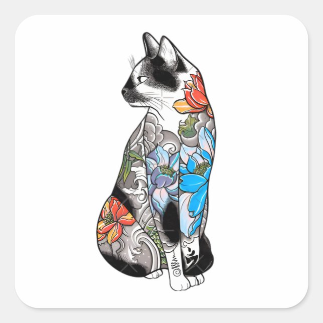 Floral Tattoo Cat Illustration – Vibrant, Artistic Square Sticker (Front)