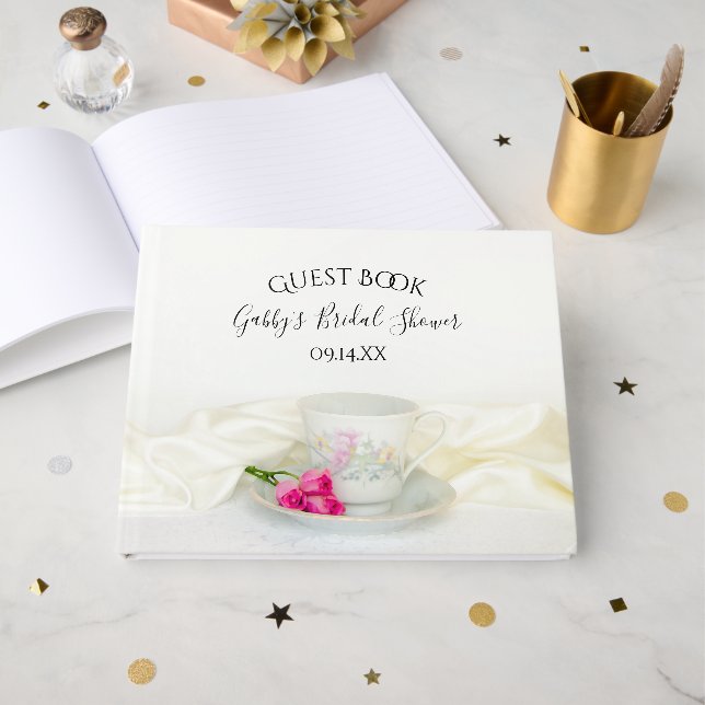 Floral Tea Cup and Pink Roses Bridal Shower Guest Book (Front Open)