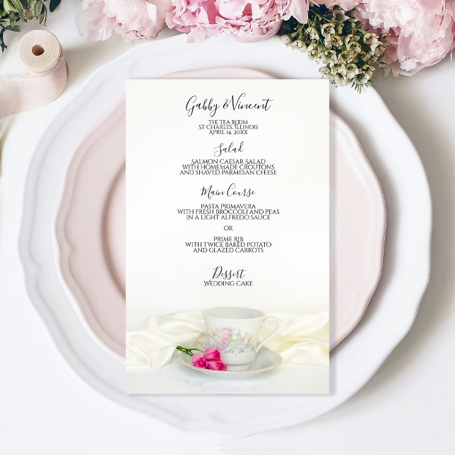 Floral Tea Cup and Pink Roses Wedding Menu (Creator Uploaded)