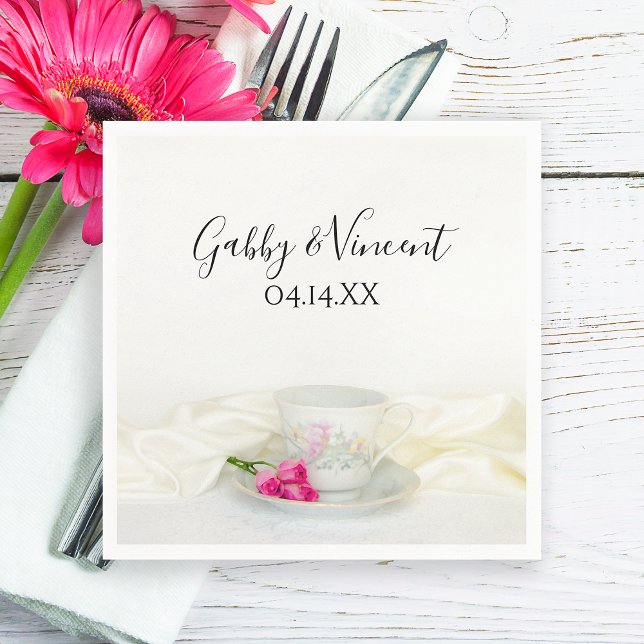 Floral Tea Cup and Pink Roses Wedding Napkin (Creator Uploaded)