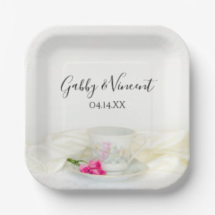 Floral Tea Cup and Pink Roses Wedding Paper Plate