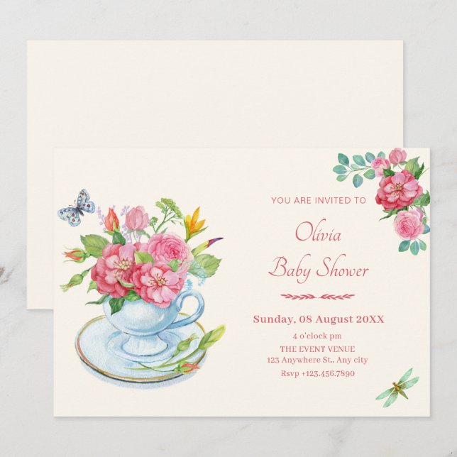 Floral tea cup baby shower invitation (Front/Back)