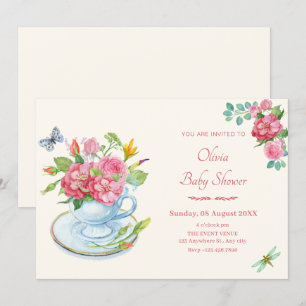 Floral tea cup baby shower invitation