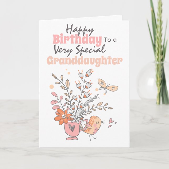 Floral tea cup bird chirping granddaughter wishes card (Front)