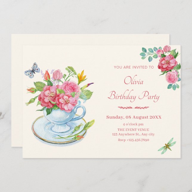 Floral tea cup birthday invitation (Front/Back)