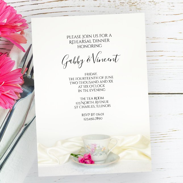 Floral Tea Cup Pink Roses Wedding Rehearsal Dinner Invitation (Creator Uploaded)