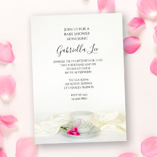 Floral Tea Cup with Pink Roses Baby Shower Invitation
