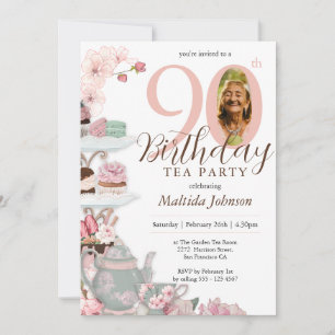 Floral Tea Party Pink Custom Photo 90th Birthday Invitation