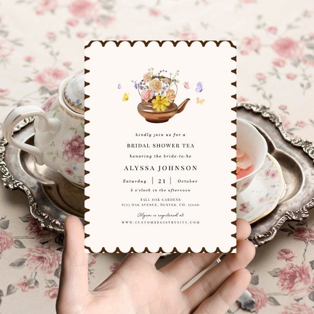 Floral Tea Pot Butterflies Fall Bridal Shower Tea Invitation (Creator Uploaded)