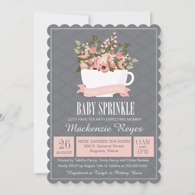 Floral Teacup Baby Sprinkle, Tea Party Invitation (Front)