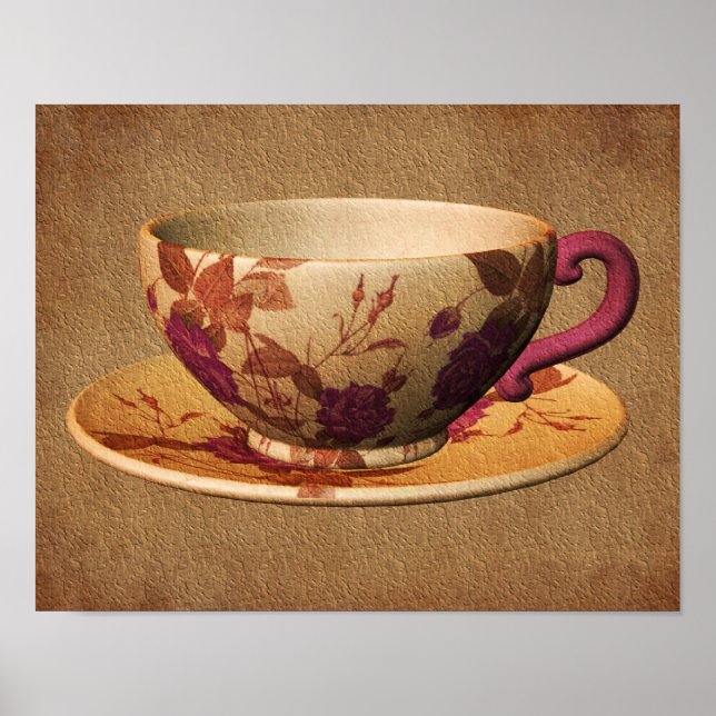 Floral Teacup On Aged Paper Art Poster (Front)