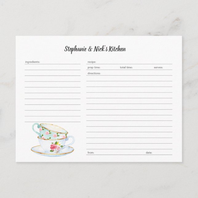 Floral teacups Recipe Card template (Front)