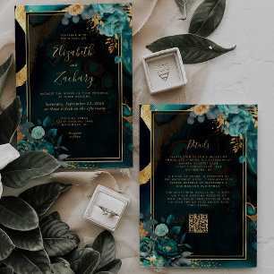 Floral Teal Agate Gold Frame QR Code Wedding Invitation