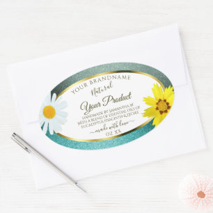 Floral Teal and Blue Glitter White Product Labels