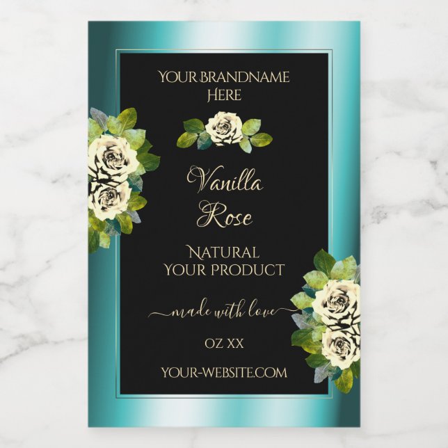 Floral Teal Black Gold Product Labels Leafy Roses (Single Label)