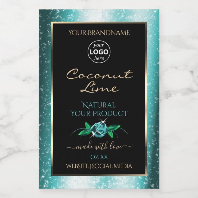 Floral Teal Black Product Labels Soft Glitter Logo (Single Label)