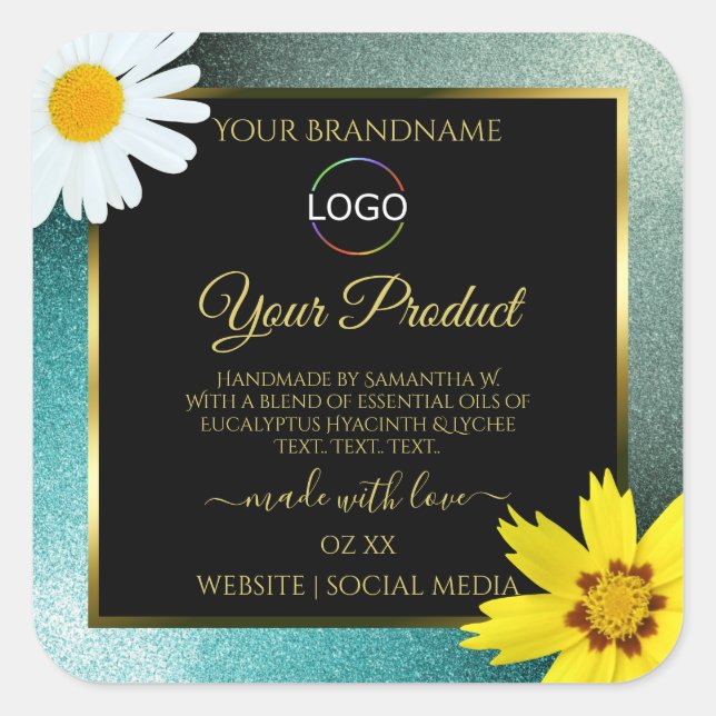 Floral Teal Blue Glitter Black Product Labels Logo (Front)