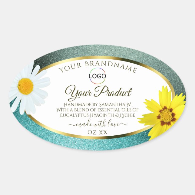 Floral Teal Blue Glitter White Product Labels Logo (Front)