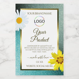 Floral Teal Blue Glitter White Product Labels Logo