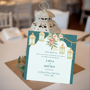 Floral Teal Blue Golden Lantern Wedding Announcement