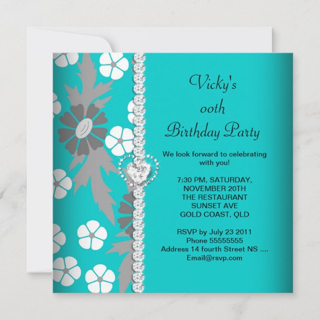 Floral Teal Blue Grey White Birthday Party Invitation (Front)