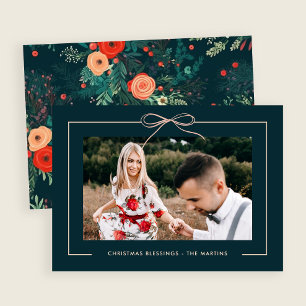 Floral Teal Blush Bow Framed Photo Christmas  Holiday Card